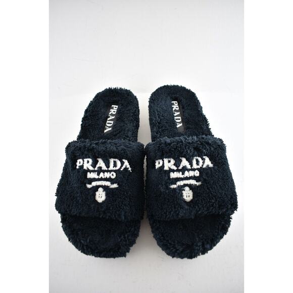 Prada Black Terry Cloth White Logo Slide Sandal Rubber Flip Flop Flat UK 7 US 8